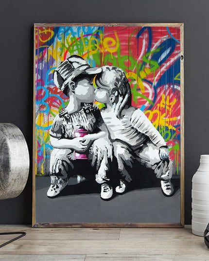 Urban Romance - Fashion Boy & Girl Kiss Love Graffiti Canvas Print Wall Poster