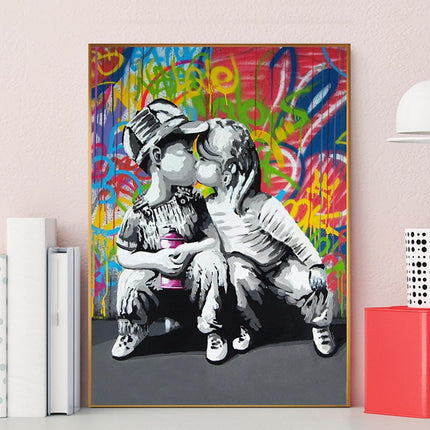 Urban Romance - Fashion Boy & Girl Kiss Love Graffiti Canvas Print Wall Poster
