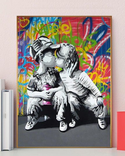 Urban Romance - Fashion Boy & Girl Kiss Love Graffiti Canvas Print Wall Poster