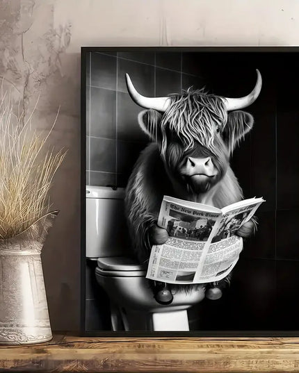 Whimsical Toilet Entertainment: Funny Highland Cow Art Print Wall Poster