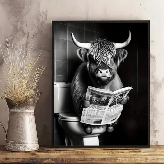 Whimsical Toilet Entertainment: Funny Highland Cow Art Print Wall Poster