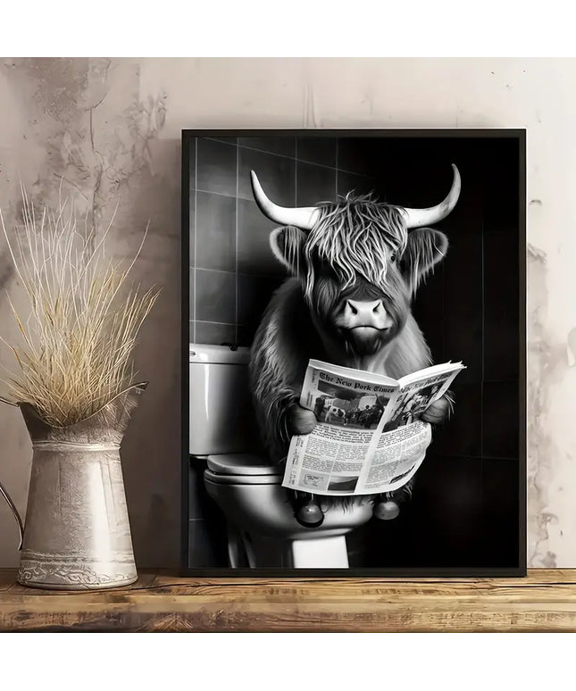 Whimsical Toilet Entertainment: Funny Highland Cow Art Print Wall Poster