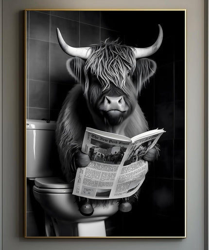 Whimsical Toilet Entertainment: Funny Highland Cow Art Print Wall Poster