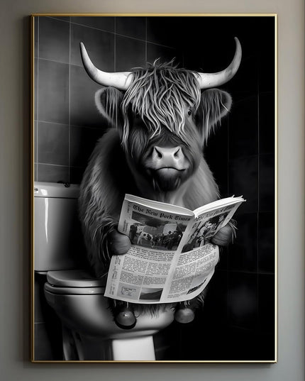 Whimsical Toilet Entertainment: Funny Highland Cow Art Print Wall Poster