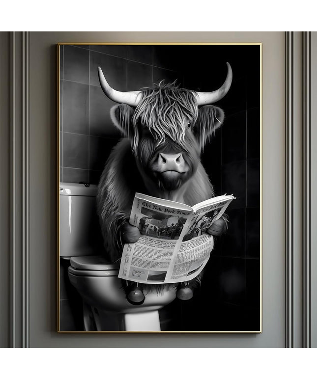 Whimsical Toilet Entertainment: Funny Highland Cow Art Print Wall Poster