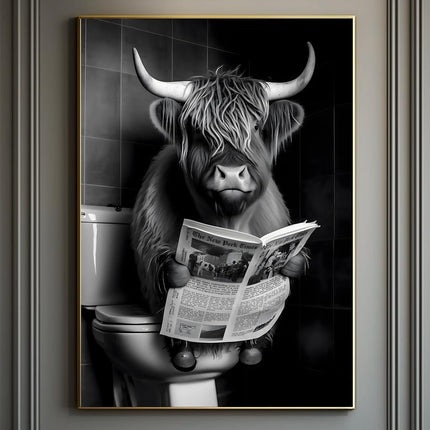 Whimsical Toilet Entertainment: Funny Highland Cow Art Print Wall Poster